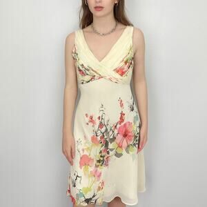 Vintage Y2K Adrianna Papell Silk Dress Womens 12 Cream Floral Bling Fairy‎ Boho